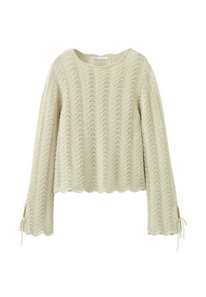 Kremowy, dziergany sweter z długimi rękawami z falistymi brzegami i wzorem koronki w jodełkę, z wiązaniami przy mankietach rękawów.