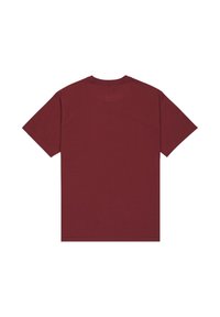 Burgunderfarbene Baumwoll-T-Shirt mit kurzen Ärmeln und Rundhalsausschnitt. Einfarbig, keine sichtbaren Grafiken oder Muster auf der Rückseite.