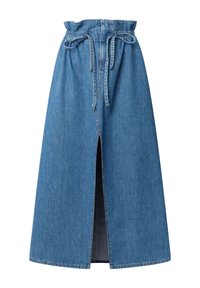 Denim svārki ar elastīgu jostu un sasienamu aizdari, ar priekšējo šķēlumu, vidēji zilā krāsā ar gludu tekstūru.