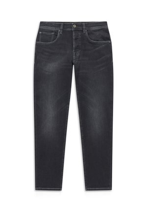 Schwarze Slim-Fit-Jeans mit fünf Taschen, Knopfverschluss und dezenten, verwaschenen Details vorne und an den Beinen.