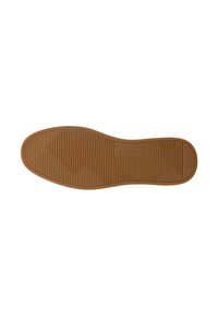 Brown rubber shoe sole featuring ridged texture, patterned grooves, and a logo. Shape is slightly curved with a rounded toe.