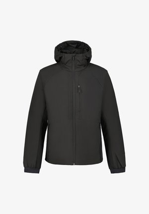 Veste imperméable noire avec capuche, fermeture éclair à l'avant et poches latérales. Présente une texture lisse et des poignets élastiques pour un ajustement confortable.