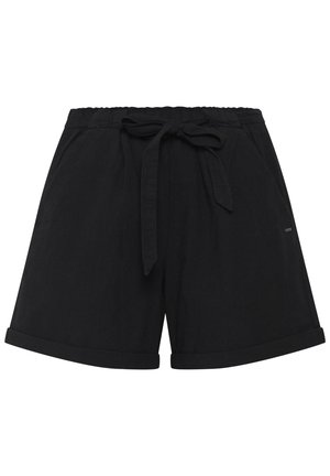 Černé šortky vyrobené z lehkého materiálu, s elastickým pasem se šňůrkou a ohrnutými manžetami. Jednoduchý a funkční design.