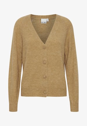 Horčicovo sfarbený pletený cardigan s V-výstrihom, predným zapínaním na gombíky a dlhými rukávmi. Vyrobený z mäkkého materiálu s textúrovaným povrchom.