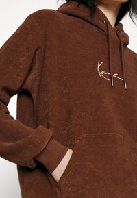 Sudadera con capucha de forro polar marrón que presenta un bolsillo tipo canguro, puños acanalados y capucha con cordón. Incluye un logo bordado sutil en blanco.