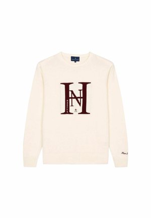 Cremfarbener Pullover mit langen Ärmeln, gerippten Bündchen und Saum. Mit einem burgunderfarbenen Grafiklogo in der Mitte und Markentext am Ärmel.
