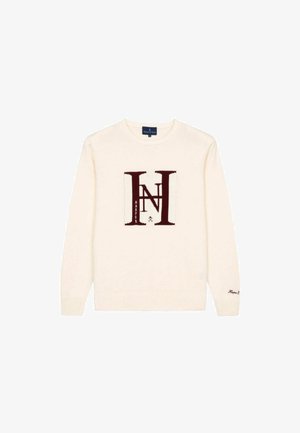 Cremfarbener Pullover mit langen Ärmeln, gerippten Bündchen und Saum. Mit einem burgunderfarbenen Grafiklogo in der Mitte und Markentext am Ärmel.