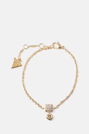 Gouden kettingarmband met een gedraaide ontwerp, voorzien van een vierkant sieraad met rhinestones en een hanghartaccent. Beveiligde sluiting met karabijnsluiting.