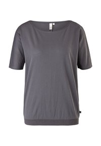 T-shirt gris à manches courtes avec un col large, fabriqué en tissu doux, présente un ourlet côtelé et un petit détail d'étiquette sur le côté.