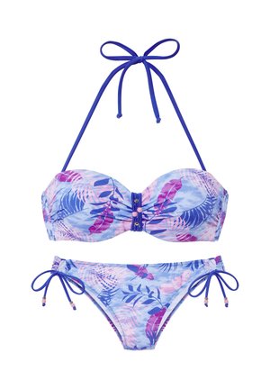 Blue and pink tropical leaf patterned bikini with halter neck tie, ruched bandeau top, and side-tie bikini bottoms with bead accents.