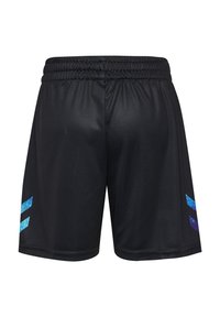 Svarta träningsshorts i slät tyg med dragsko i midjan och blå gradient diagonala ränder på sidorna.