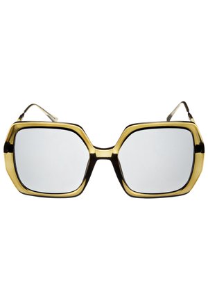 Gafas de sol de gran tamaño con un diseño geométrico, con un marco dorado brillante y acentos marrones oscuros; lentes robustos con un acabado reflectante.