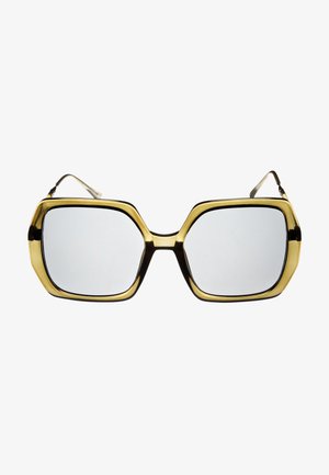 Prevelike sunčane naočale sa geometrijskim dizajnom, s sjajnim zlatnim okvirom i tamnosmešnim naglascima; robusne leće s reflektivnom završnom obradom.
