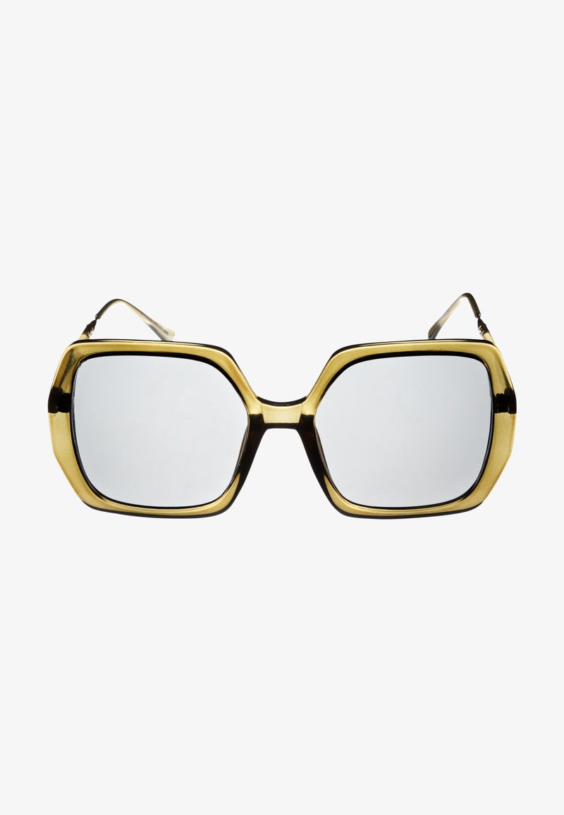 Přehnané sluneční brýle s geometrickým designem, se lesklým zlatým rámem a tmavě hnědými akcenty; robustní čočky s reflexním povrchem.