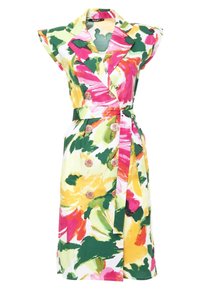 Kukkapainatteinen mekko, jossa on kirkkaat vaaleanpunaiset, keltaiset ja vihreät värit. Suunniteltu vyöllisellä vyötäröllä, leveillä kauluksilla ja nappidetaililla.