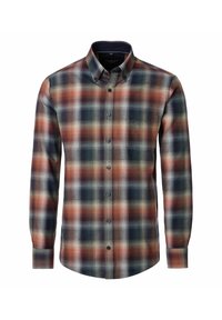 Overhemd met knoopsluiting en een geruit patroon in tinten oranje, marineblauw en crème. Lange mouwen, een enkele borstzak en een geknoopte kraag.