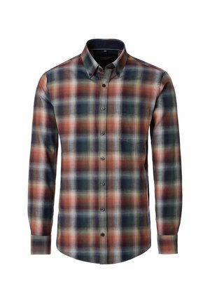 Button-up shirt with a plaid pattern in shades of orange, navy, and cream. Long sleeves, single chest pocket, and buttoned collar.