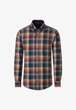 Knapbrystskjorte med et ternet mønster i nuancer af orange, marineblå og creme. Lange ærmer, enkelt brystlomme og knappet krave.