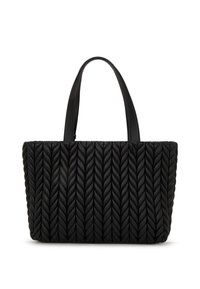 Sac fourre-tout noir avec un design texturé en tresse. Fabriqué en cuir avec deux poignées robustes, il a une forme rectangulaire et un corps structuré.
