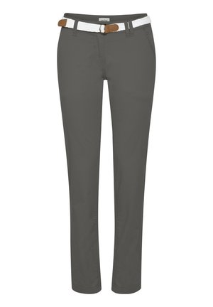 Pantalons en coton gris à coupe slim, dotés d'une ceinture tissée blanche et d'accents en cuir marron. Comprend des poches latérales et une fermeture éclair.