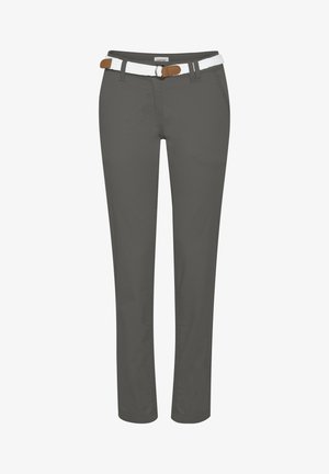 Gray cotton pants with a slim fit, featuring a woven white belt and brown leather accents. Includes side pockets and a zip fly.