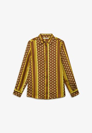 Camicia a maniche lunghe con bottoni, a righe verticali marroni e gialle e piccoli motivi geometrici ripetuti.