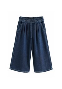 Culottes de mezclilla de una amplia pierna en azul oscuro con cintura elástica, dos bolsillos laterales y sutiles detalles de costura. Textura suave, hasta las rodillas.