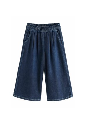 Mörkblå denim bredbenade culotter med elastisk midja, två sidfickor och subtila sömnadsdetaljer. Slät textur, knälång.