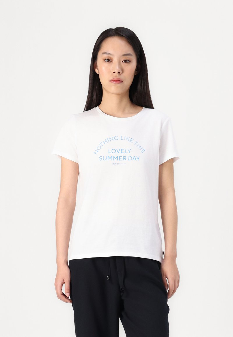 White cotton t-shirt with short sleeves, featuring blue text that reads "NOTHING LIKE THIS LOVELY SUMMER DAY" in an arched design.