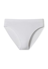 Mutande in cotone bianco con elastico liscio, texture a coste e aperture delle gambe alte. Design semplice senza fantasie o dettagli.