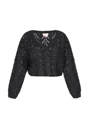 Zwarte korte gebreide trui met een V-halslijn, lange mouwen en een gestructureerd open patroon. Etiket zichtbaar bij de halslijn.