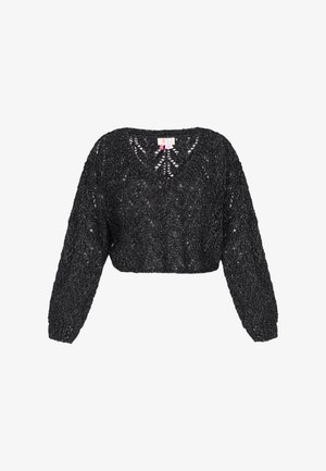Maglione corto nero in maglia con scollatura a V, maniche lunghe e un motivo aperto testurizzato. Etichetta visibile all'apertura del collo.