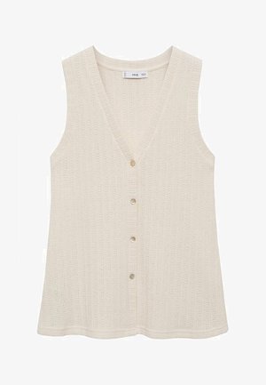 Lichtbeige mouwloze gebreide top met een v-hals, knopen aan de voorkant en een textuurpatroon. Zacht materiaal met een relaxte pasvorm en een afgeronde zoom.