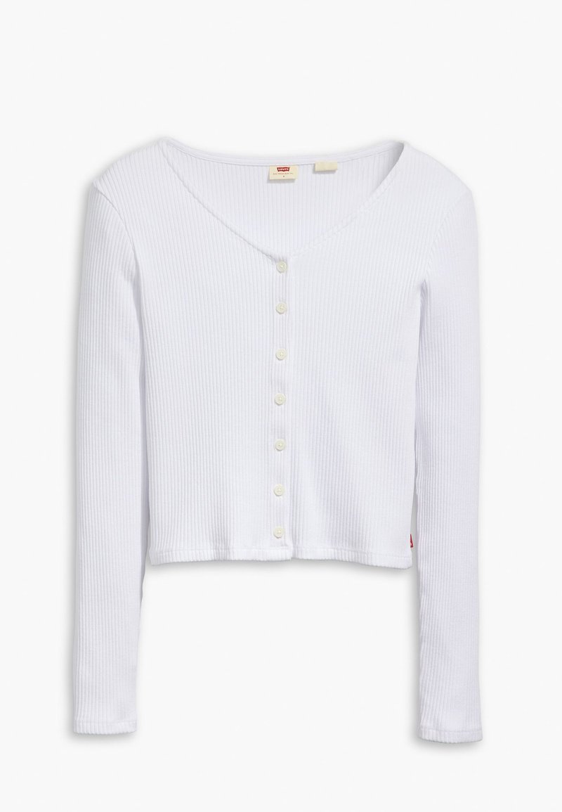 Top cropped a maniche lunghe ribbed bianco con scollatura a V e sette bottoni lungo la parte frontale; texture morbida e design aderente.