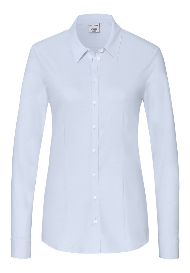 White long-sleeve shirt featuring a pointed collar, full button front, and smooth fabric with subtle side seams for a tailored fit.