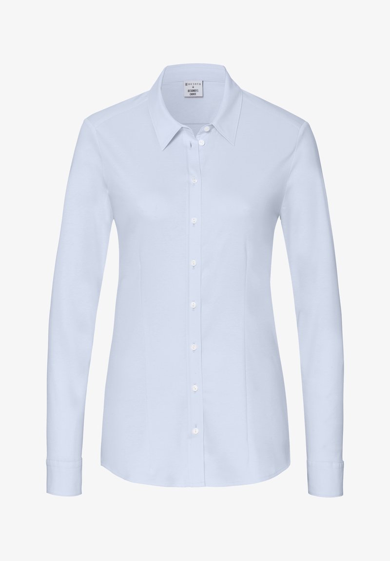 White long-sleeve shirt featuring a pointed collar, full button front, and smooth fabric with subtle side seams for a tailored fit.