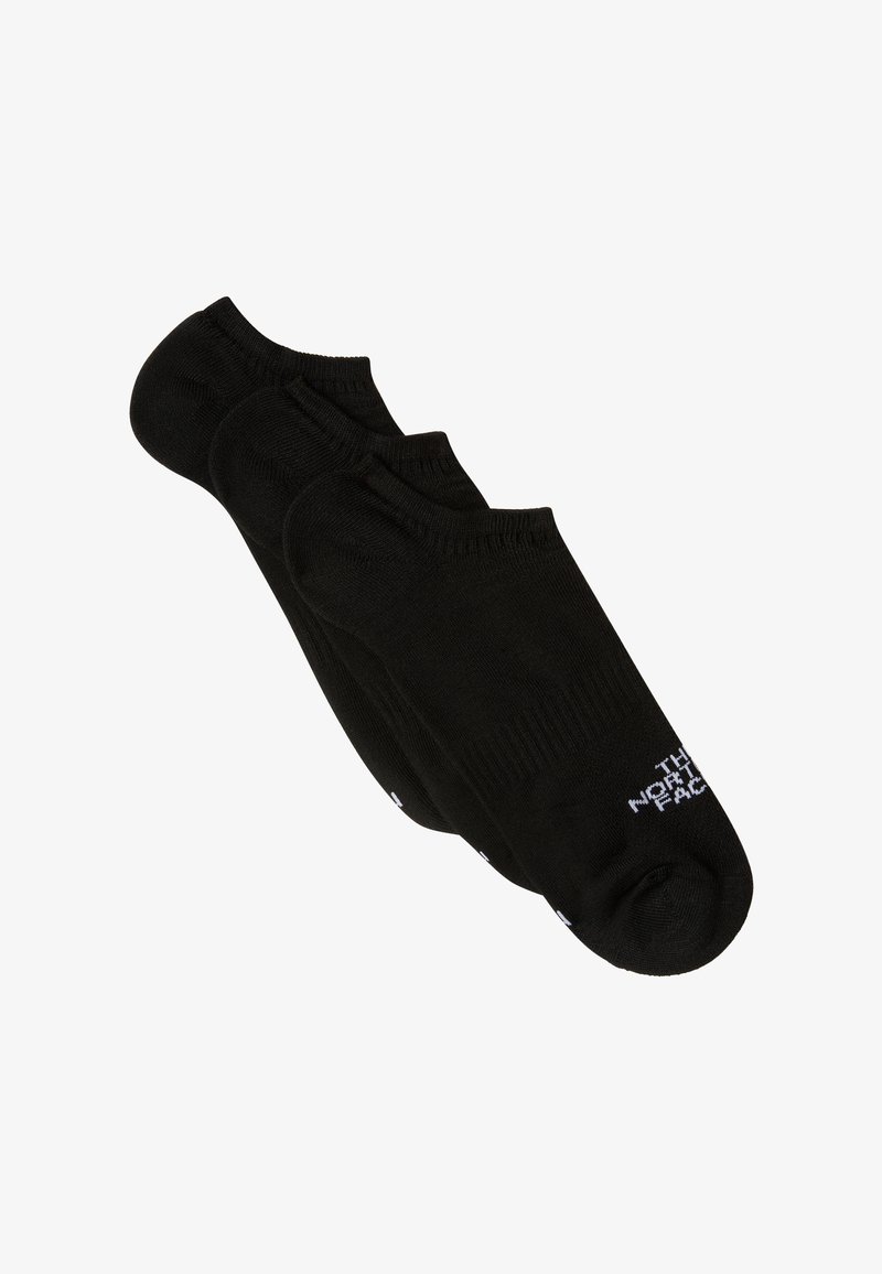 Black ankle socks made of a smooth fabric, featuring a ribbed cuff and white logo text on the side. Three pairs shown in a stacked arrangement.