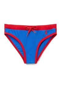 Blå simbyxor med röd midja, med dragsko för justering och kontrasterande söms detaljer. Materialet är lätt och elastiskt.