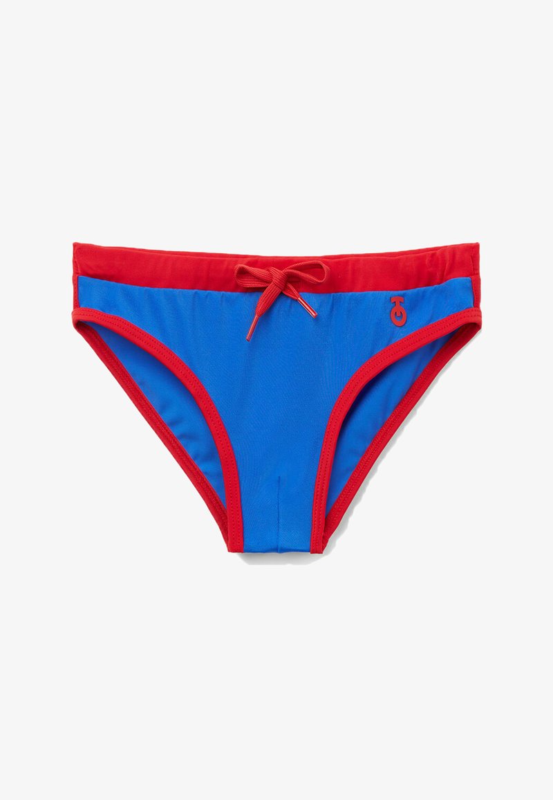 Blå simbyxor med röd midja, med dragsko för justering och kontrasterande söms detaljer. Materialet är lätt och elastiskt.