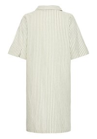 Robe écrue à manches courtes avec des rayures verticales vertes et un col, vue de dos.