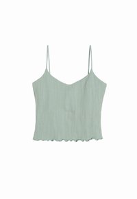 Top scurt de culoare verde mentă, cu o textură ribbed, un model unduit și margini crestate. Include bretele subțiri cu ajustare și un decolteu în V.