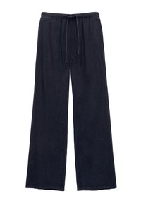 Ciemnoniebieskie, szerokie spodnie wykonane z lekkiego materiału, z elastycznym paskiem w talii i sznurkiem do regulacji. Gładka faktura, bez wzorów ani zdobień.