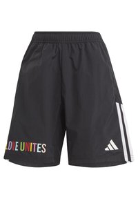 Zwarte sportshorts van lichtgewicht stof, met een kleurrijke "LOVE UNITES" graphic aan de ene kant en drie witte verticale strepen.