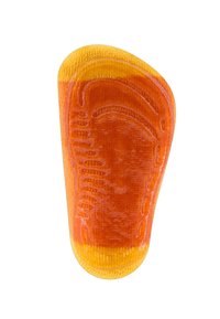 Semelle intérieure rembourrée orange et jaune avec surface texturée et forme contournée, montrant une architecture distincte de la semelle pour un soutien.