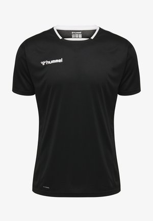 Camiseta deportiva negra de manga corta con ribete blanco en el cuello, logo de Hummel en el pecho y pequeño texto Beecool cerca del dobladillo.