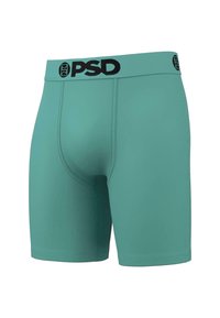 Zöldeskék boxeralsó fekete "PSD" logóval a rugalmas derékvonalon. Zökkenőmentes anyag, testhezálló forma és középcombig érő hossz, lapos varrásokkal a kényelem érdekében.