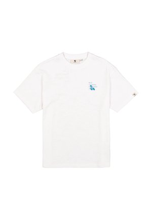 T-shirt blanc en coton à manches courtes, col rond, avec texte turquoise sur la poitrine indiquant : « Réelle créativité sans limites ».