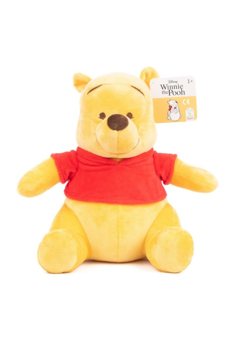 Stuffed toy, Winnie the Pooh. Yellow plush body with soft texture, red shirt, round face, embroidered eyes, and a hang tag on the side.