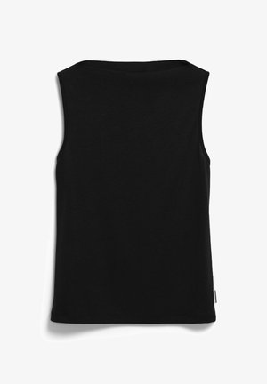 Schwarzes ärmelloses Oberteil aus weichem Baumwollstoff. Verfügt über einen runden Halsausschnitt und einen geraden Schnitt mit einem Etikett an der unteren linken Seite.