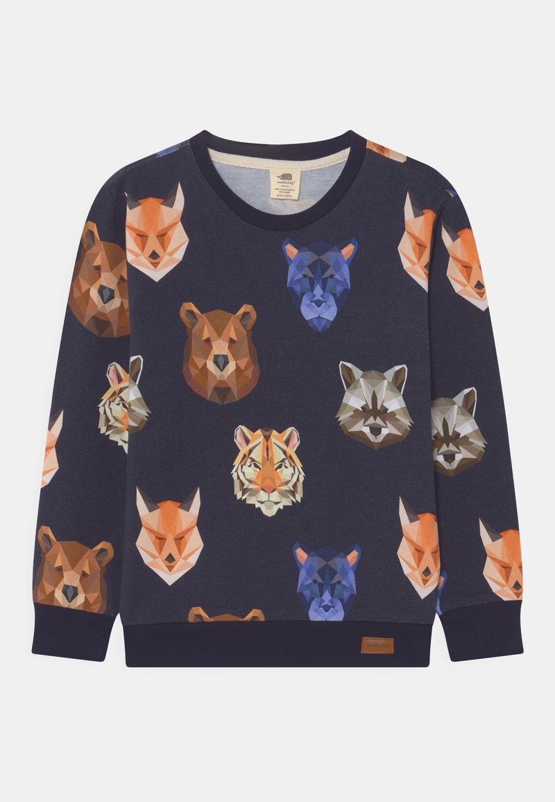 Felpa blu navy con una stampa geometrica di animali raffigurante teste di orso, tigre, volpe e procione nei toni di arancione, blu e marrone.